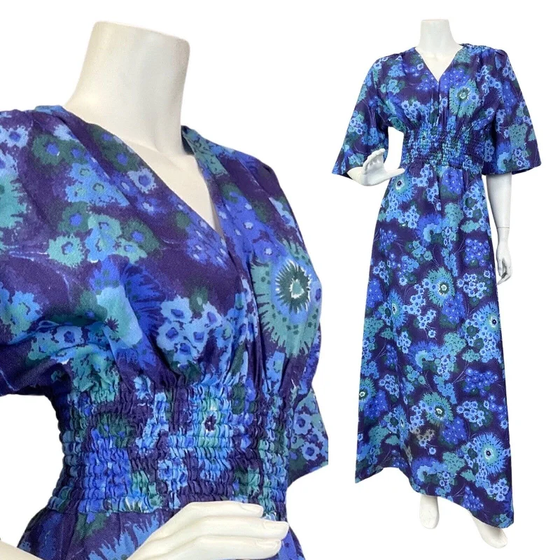 VINTAGE 60s 70s BLUE PSYCHEDELIC FLORAL SHIRRED BOHO MAXI DRESS 8