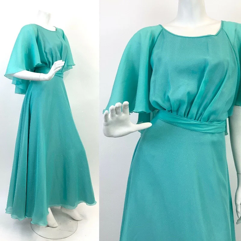 VINTAGE 60s 70s BLUE SEA GREEN FLOATY SHEER CAPE SLEEVE HOSTESS BOHO MAXI DRESS Stylish Button-Up Maxi Dress