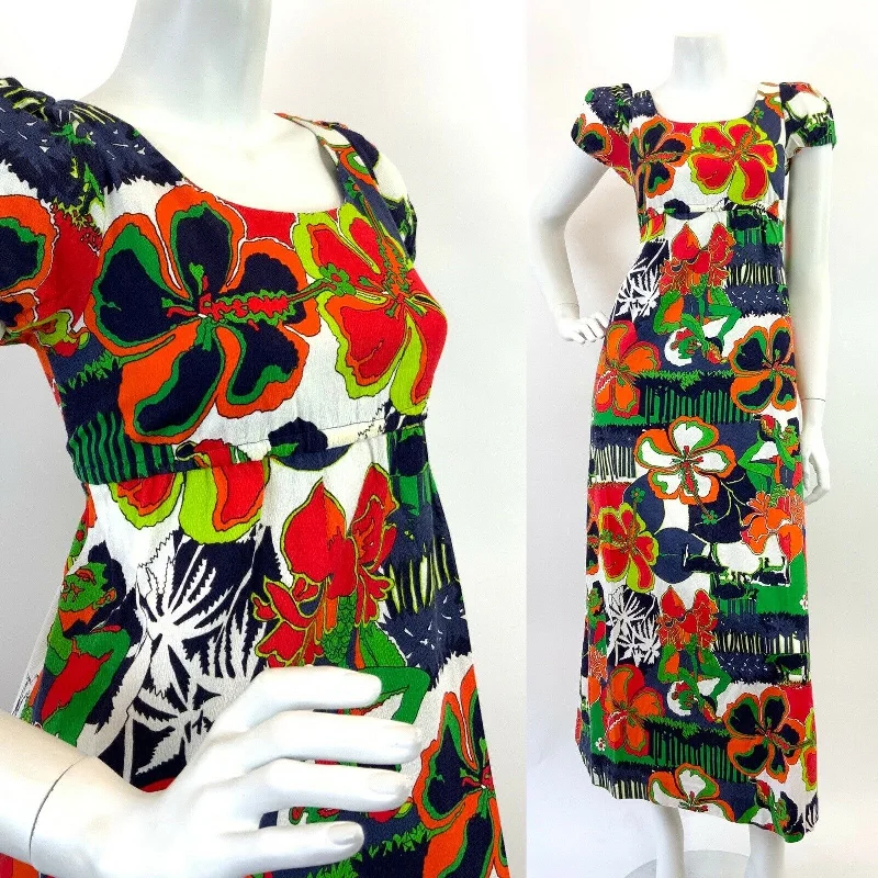 VINTAGE 60s 70s BLUE WHITE GREEN ORANGE HAWAIIAN FLORAL EMPIRE LINE MAXI DRESS 8