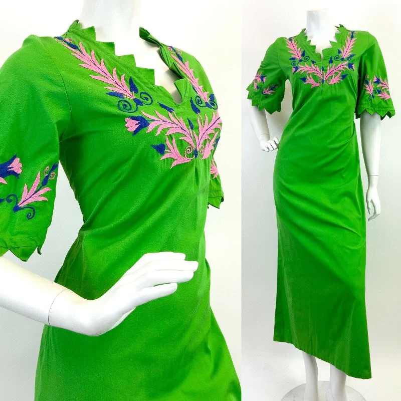 VINTAGE 60s 70s GREEN PINK BLUE FLORAL EMBROIDERED MOD PSYCHEDELIC MAXI DRESS 8