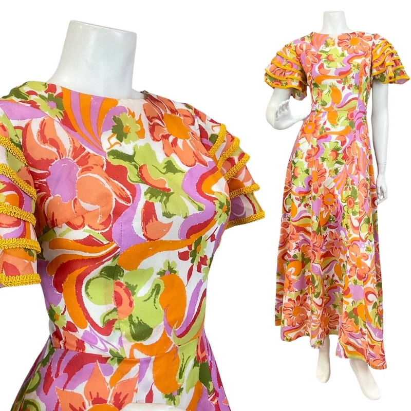 VINTAGE 60s 70s ORANGE GREEN LILAC PSYCHEDELIC FLORAL SUMMER MAXI DRESS 8 10