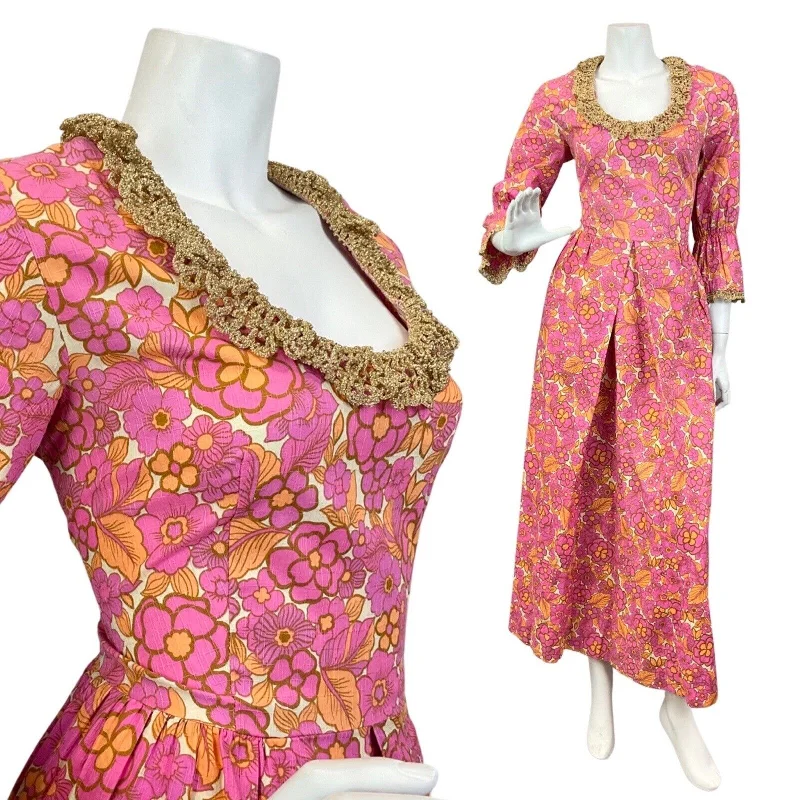 VINTAGE 60s 70s PINK GOLD ORANGE PSYCHEDELIC FLOWER FLOUNCE MOD MAXI DRESS 8 10