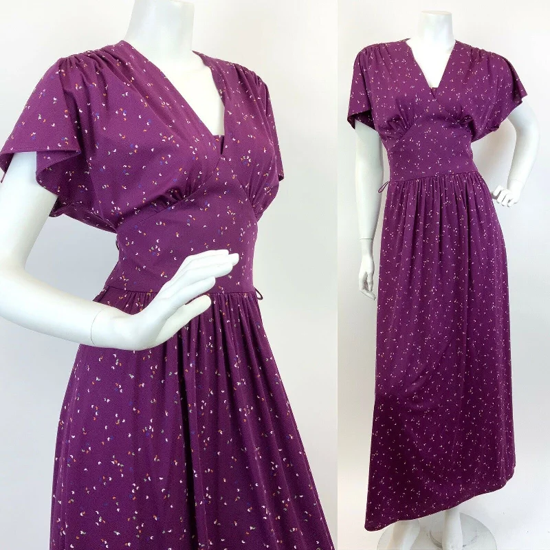 VINTAGE 60s 70s PLUM PURPLE BLUE GREEN SPECKLED FLUTTER SLEEVE MAXI DRESS 8 10