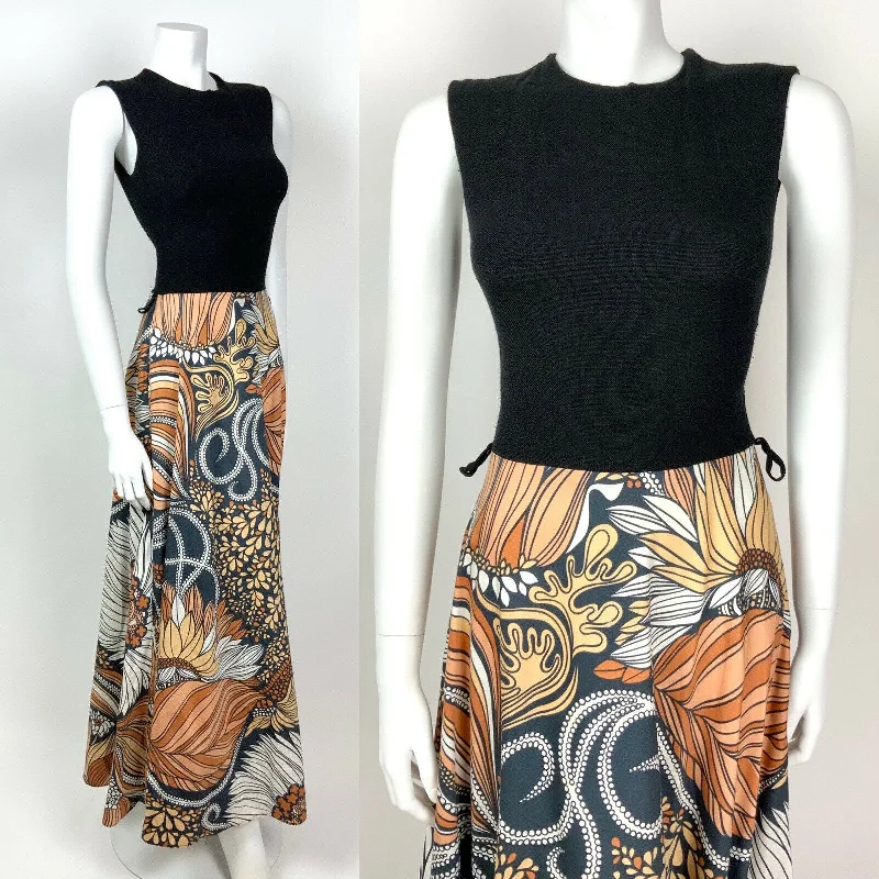 VTG 60s 70s BLACK ORANGE PEACH WHITE PSYCHEDELIC LEAFY FLORAL MAXI DRESS 8