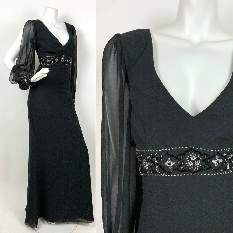 VTG 60s 70s BLACK SILVER SEQUIN BEADED FLORAL SHEER SPLIT SLEEVE MAXI DRESS 8 10