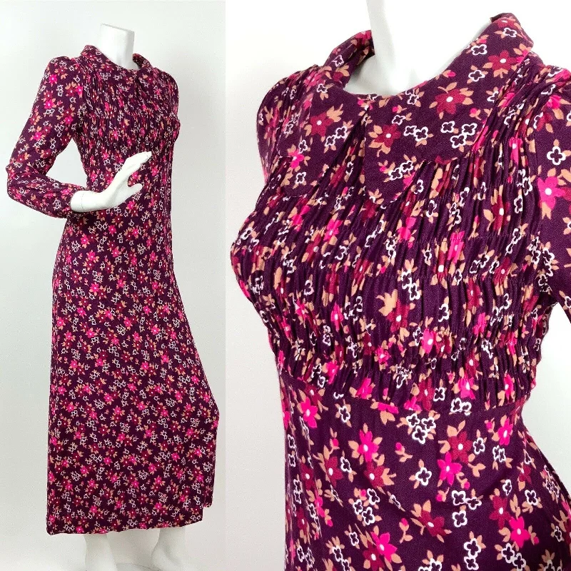 VTG 60s 70s PURPLE PINK WHITE FLORAL PSYCHEDELIC MOD SPOON COLLAR MAXI DRESS 8