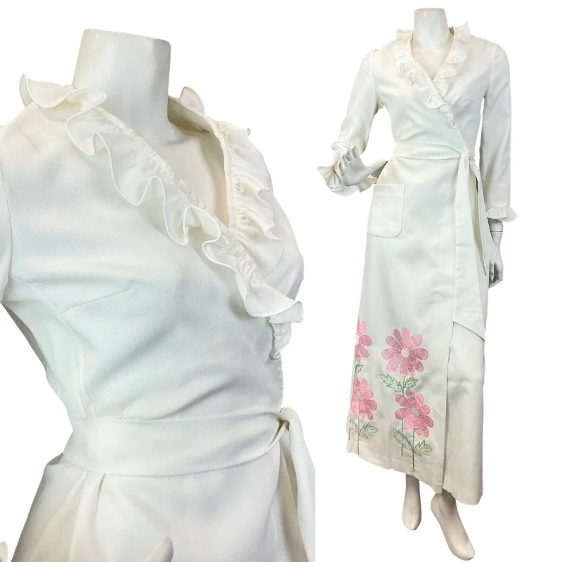 VTG 60s 70s WHITE PINK GREEN EMBROIDERED FLOWER DAISY HOUSECOAT MAXI DRESS 8 10