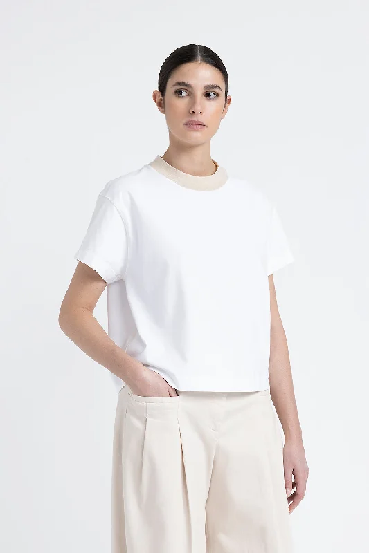 Cotton jersey T-shirt with tricot crew neck