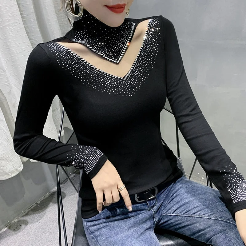 New 2022 Spring Autumn Long Sleeve T-Shirt Fashion Casual Turtleneck Diamond Woman Tshirts