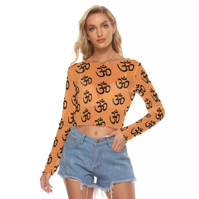 Om Print Women's Mesh Long Sleeves T-shirt, Aum Mantra Mesh Top