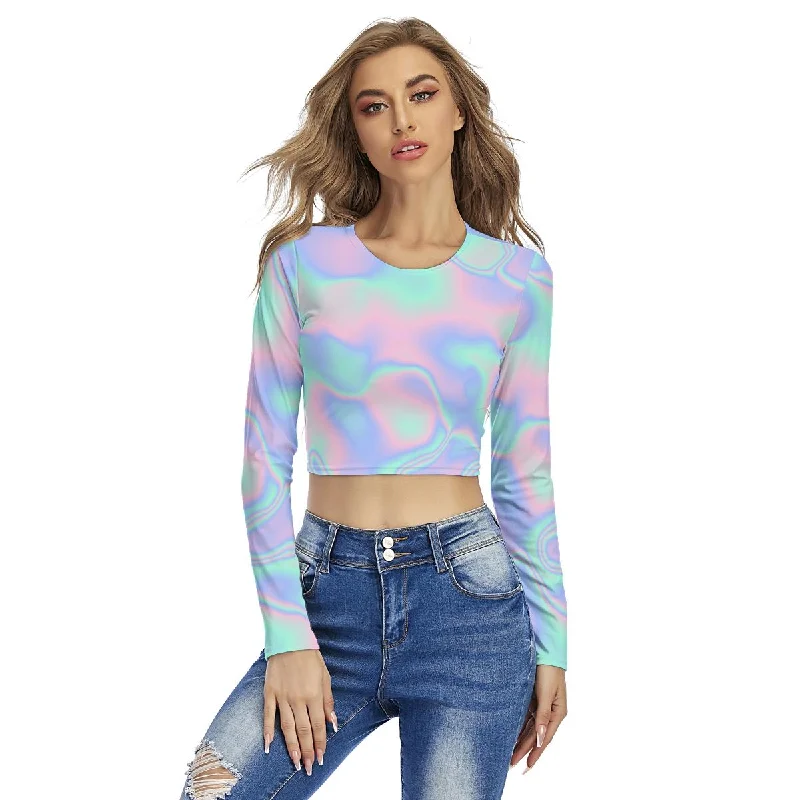 Ombre Iridescence Holographic Long Sleeves Crop Top, Blue Pink Hues Round Neck Crop Top T-Shirt