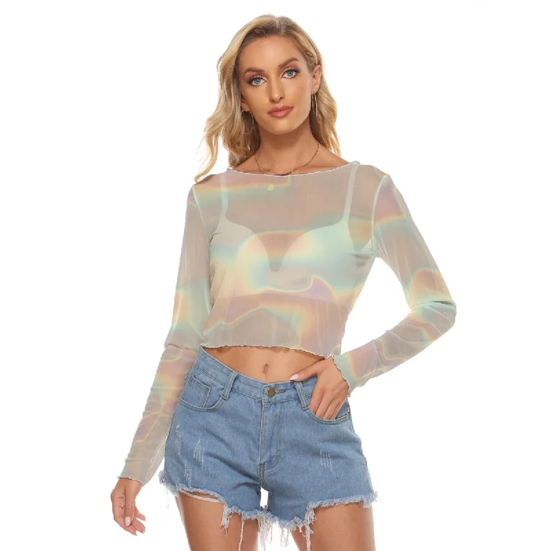 Ombre Iridescence Holographic Long Sleeves Mesh Top, Ivory Pink Mint Cloud Women's Mesh T-shirt