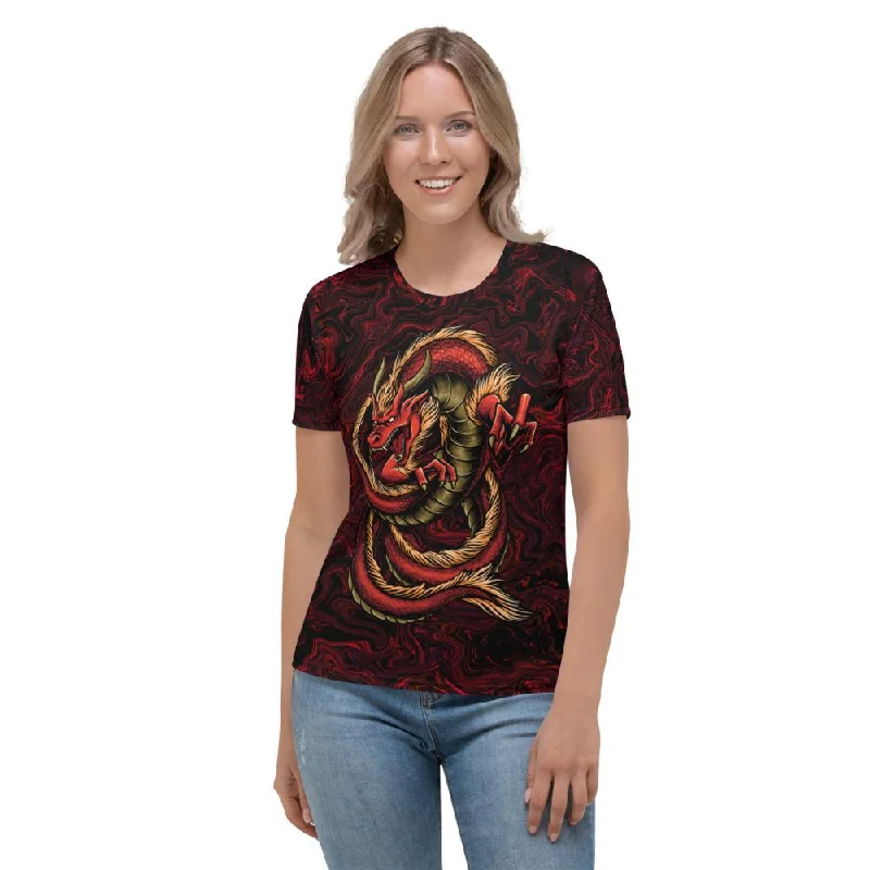 3D Red Dragon On Lava Women's T-shirt