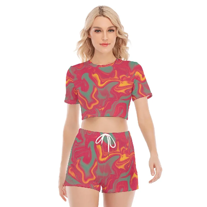 Red Smoke Liquid Abstract Sunset Paint Yellow Ombre Print Women's O-neck T-shirt Shorts Suit