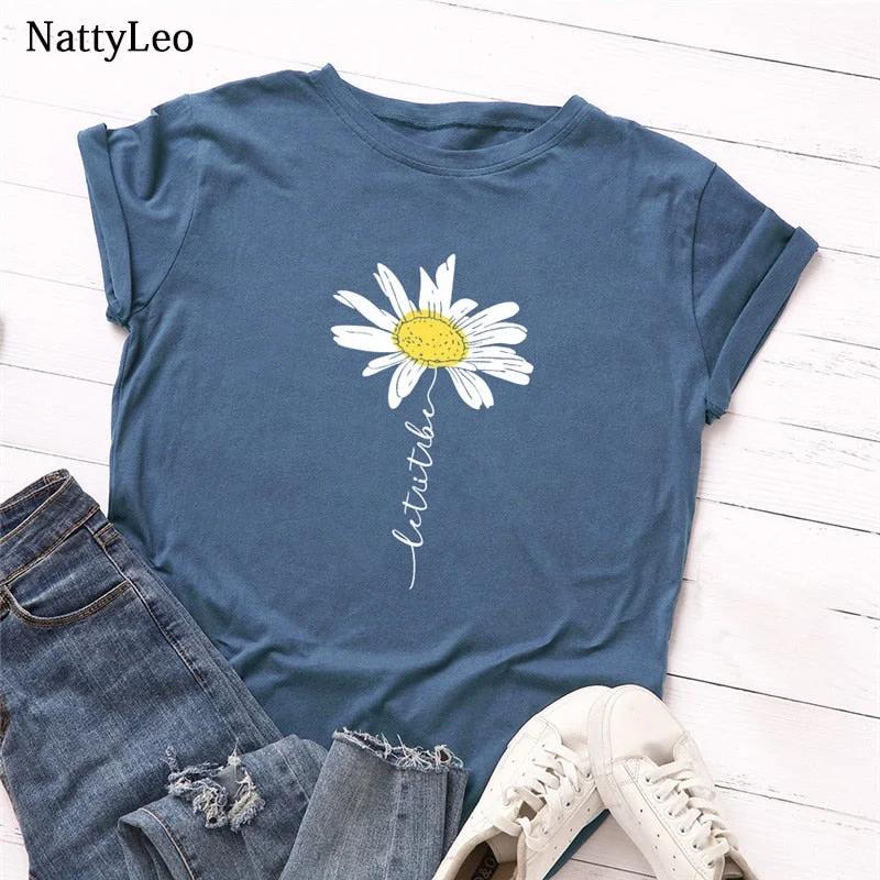 Summer T Shirt Women Cute Daisy Print T-Shirt 100%Cotton Women Tshirt O Neck Short Sleeve Tee Oversized Tops Woman Tshirts