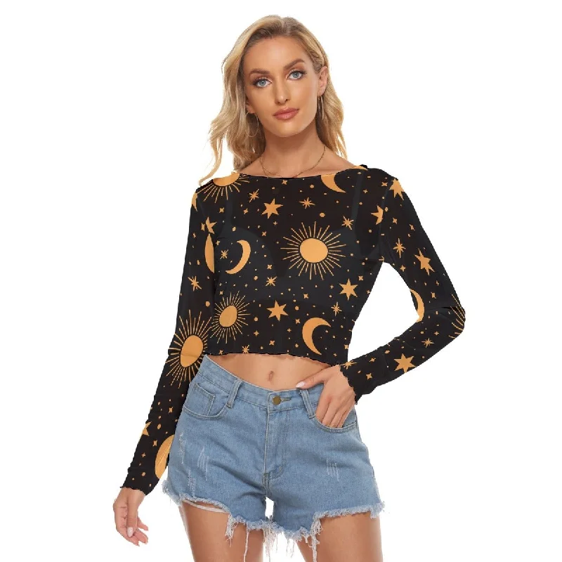 Sun Moon Stars Print Women's Mesh Long Sleeves T-shirt