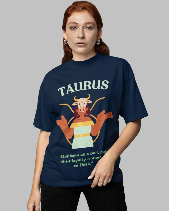 Taurus Animated Zodiac Printed Oversized T-Shirt for Women - Navy