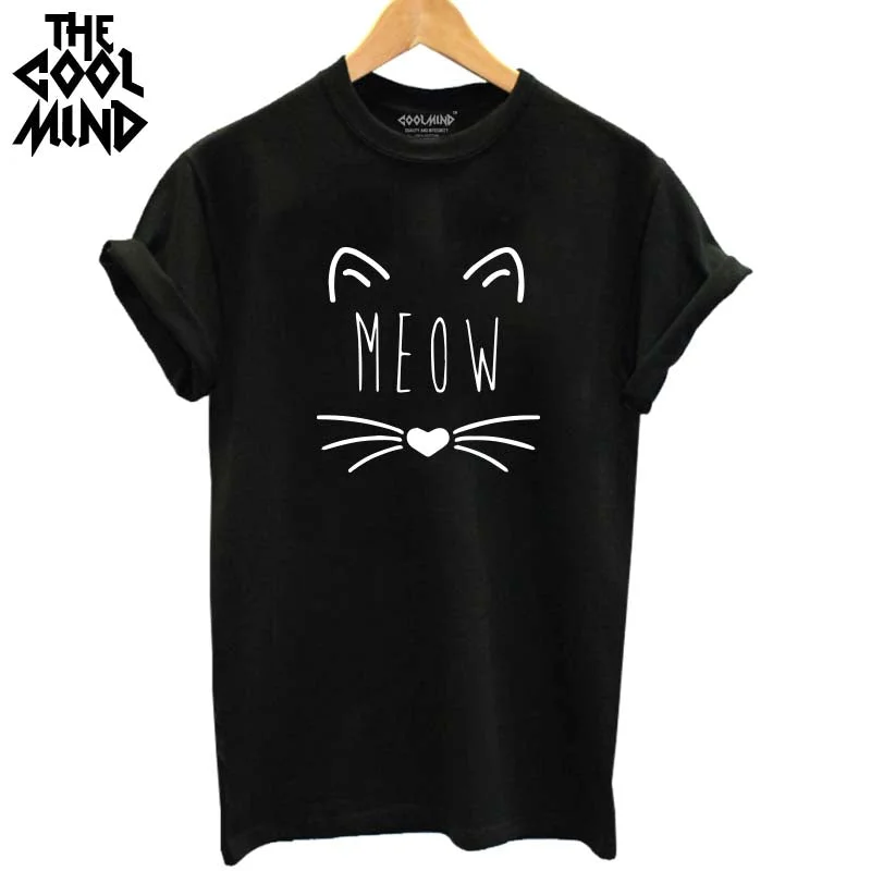 THE COOLMIND 2017 100% Cotton Meow Print Women T shirt Cat T-Shirt Casual Funny Shirt For Lady Top Tee Hipster