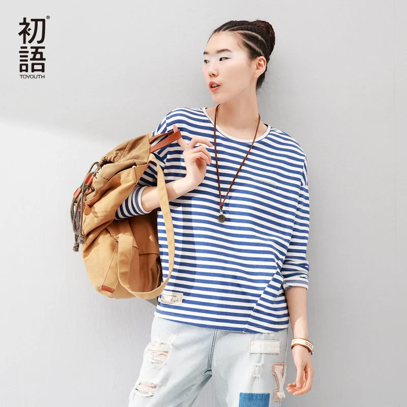 Toyouth Women T-Shirts Batwing Long Sleeve Striped Pattern O-neck Casual T shirt Female Tees Cotton Elegant Ladies Tees Tops