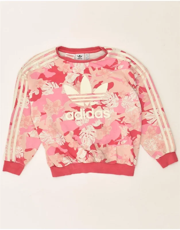 ADIDAS Girls Graphic Sweatshirt Jumper 9-10 Years Pink Floral Cotton