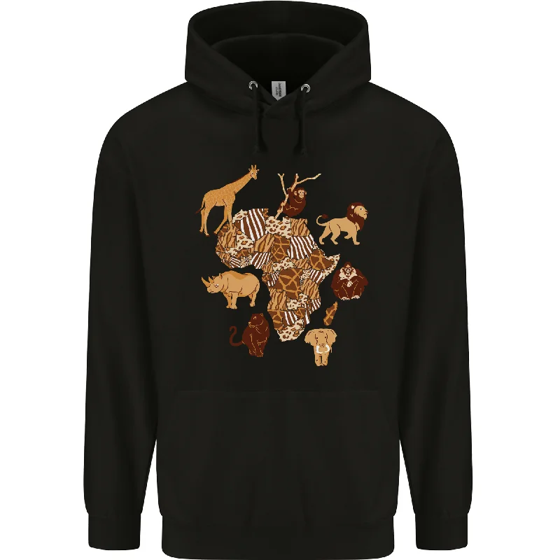 Africa Wildlife Map Giraffe Rhino Ape Elephant Lion Mens 80% Cotton Hoodie