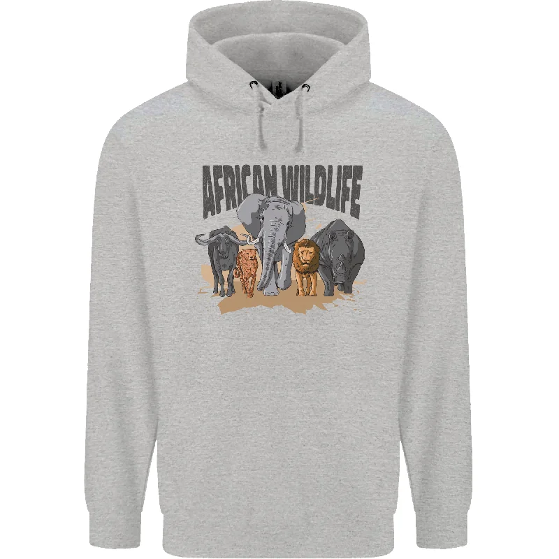 African Wildlife Elephant Lion Rhino Safari Mens 80% Cotton Hoodie