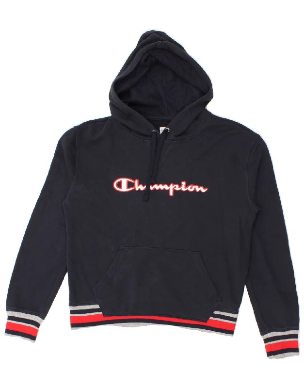 CHAMPION Mens Graphic Hoodie Jumper Medium Navy Blue Cotton