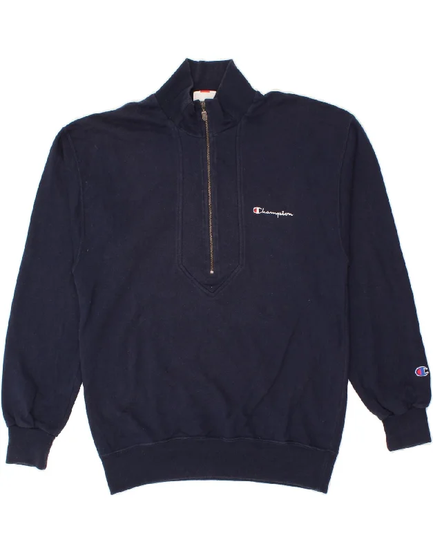 CHAMPION Mens Zip Neck Sweatshirt Jumper Small Navy Blue Cotton