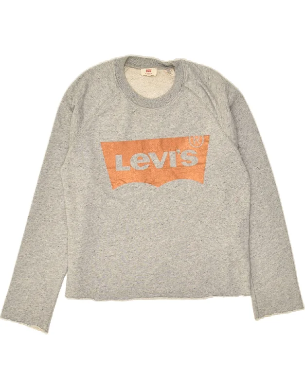 LEVI'S Womens Crop Graphic Sweatshirt Jumper UK 6 XS Grey Flecked Cotton