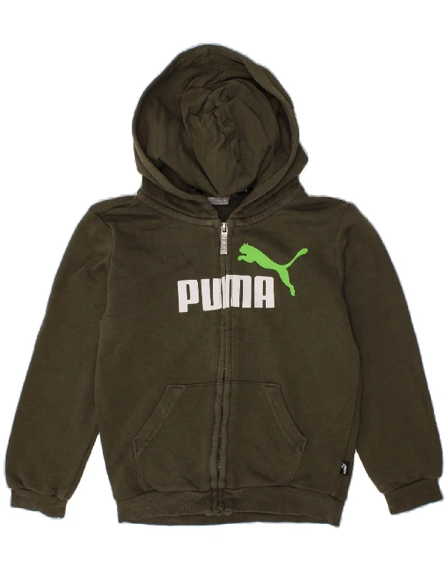 PUMA Boys Graphic Zip Hoodie Sweater 5-6 Years Khaki Cotton