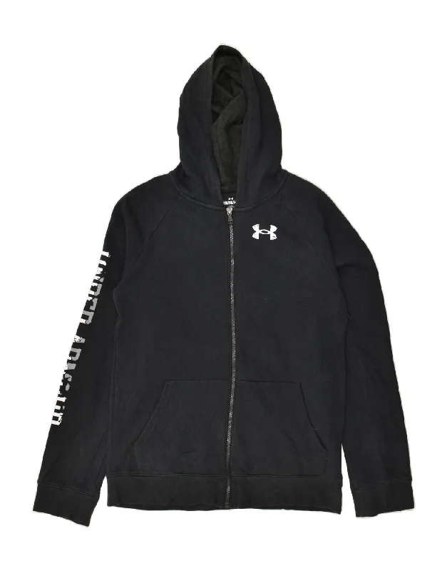 UNDER ARMOUR Boys Graphic Zip Hoodie Sweater 13-14 Years XL Black Cotton