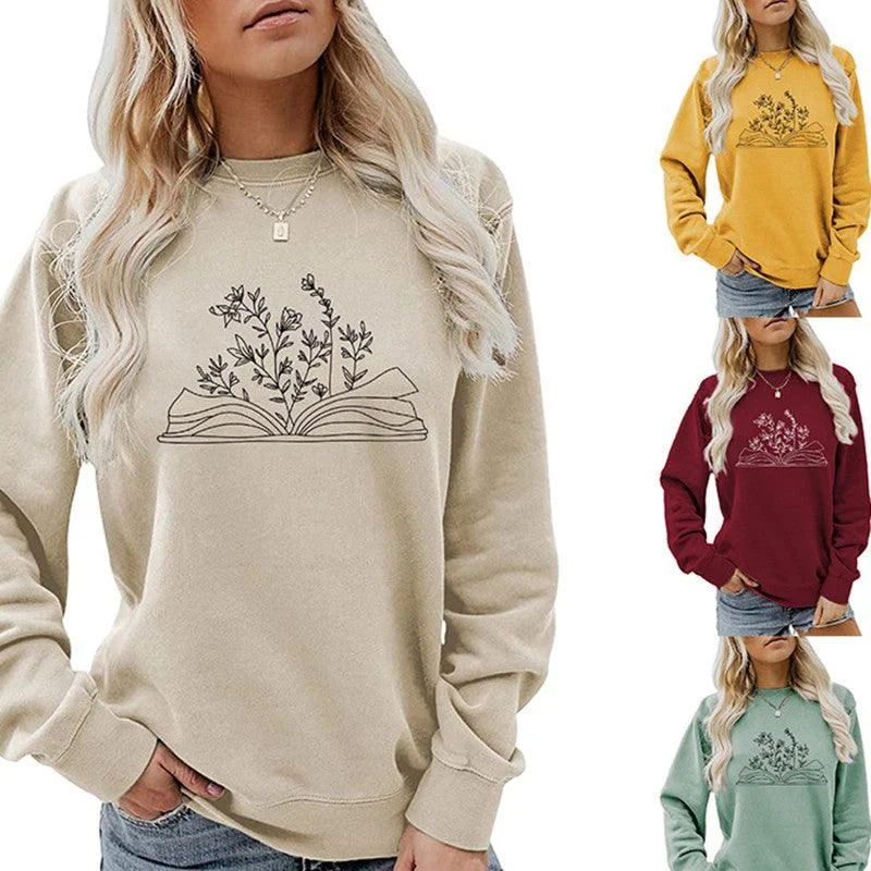 Women's Fashion Casual Book Botanical Pattern Long Sleeve Crew Neck Sweatshirt