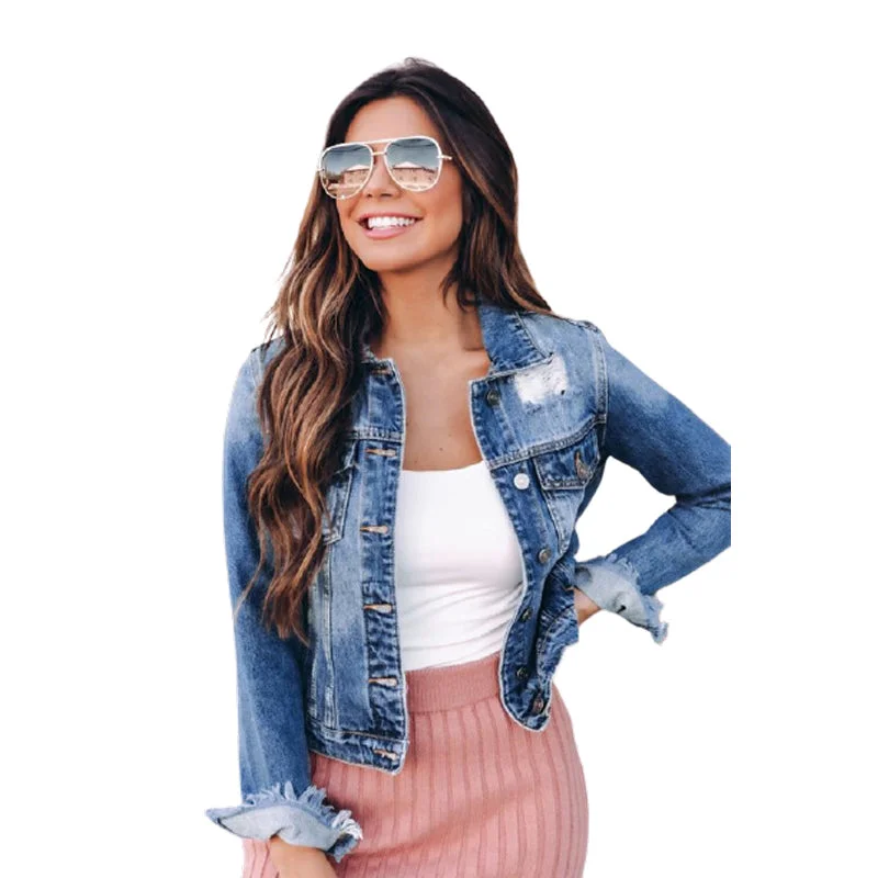 Basic Women's Ripped Long Sleeve Cropped Denim Jean Jacket