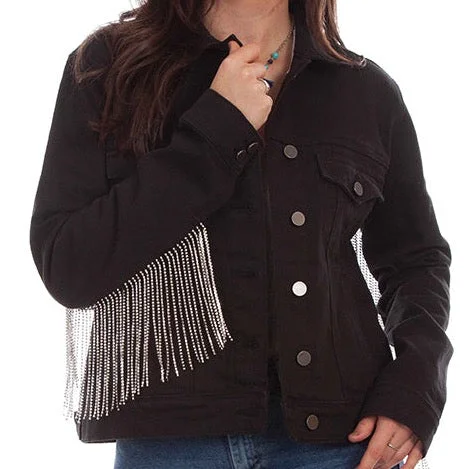 Black Denim Jacket with Rhinestone Fringe at Bourbon Cowgirl