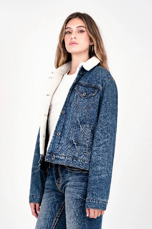 Fleece Wool Trim Med Blue Denim Jacket