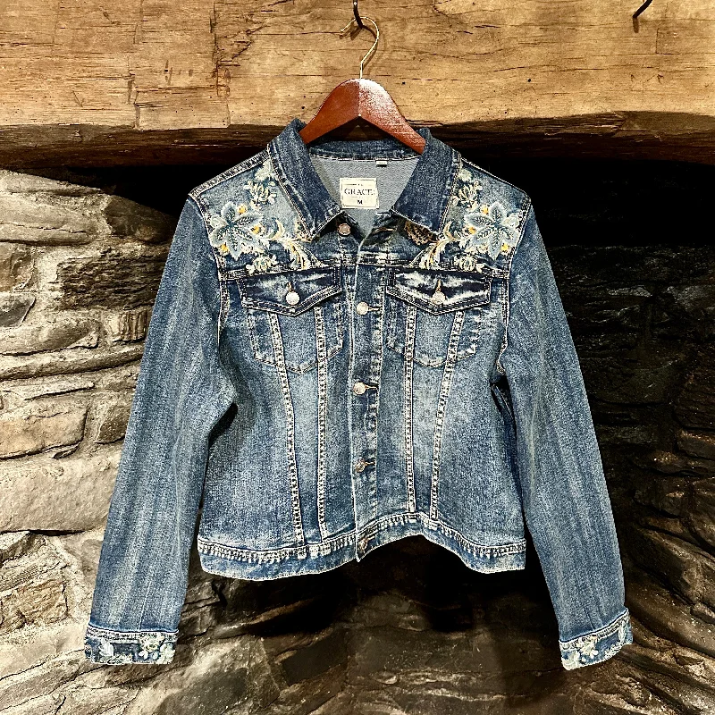 Lace Embroidery Stretch Denim Jacket at Bourbon Cowgirl