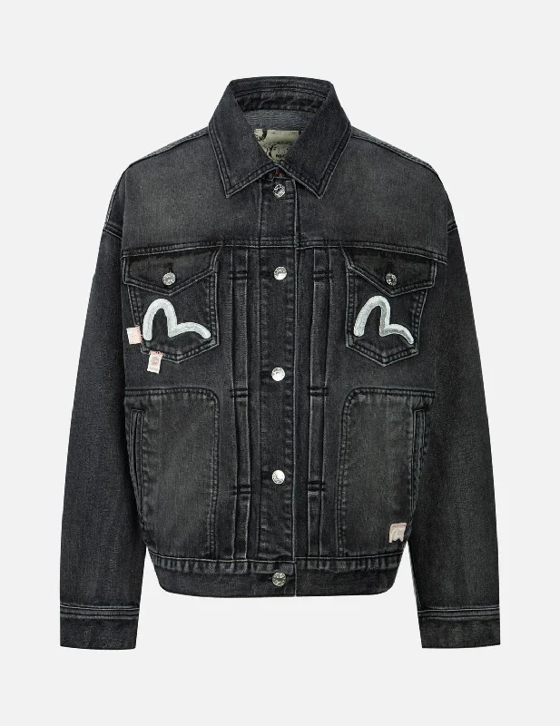 Seagull Embroidery with Logo-pattern Panelled Fashion Fit Denim Jacket