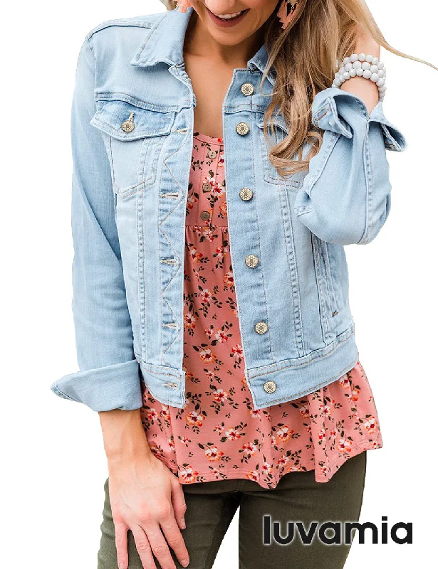 luvamia Women's Basic Button Down Stretch Fitted Long Sleeves Denim Jean Jacket