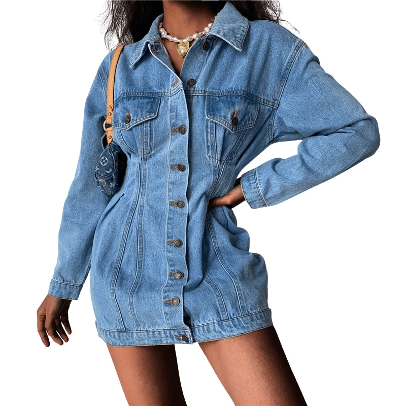 Women's Medium Length One-piece Dress Denim Jacket Outerwear