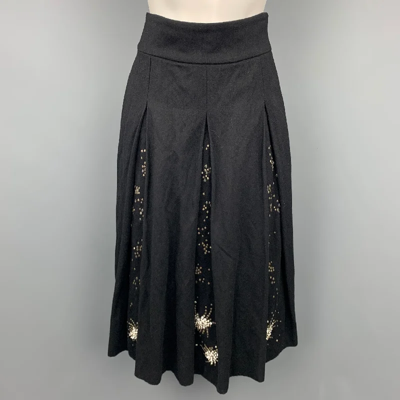 DRIES VAN NOTEN Size 4 Black Sequined Wool Blend Pleated Skirt