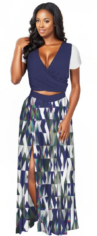 Fractured Women's Two Piece Outfit V-Neck Top and Maxi Skirt Set