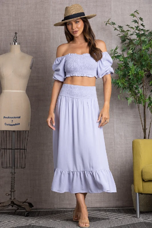 OFF SHOULDER PUFF SLEEVES CROP TOP AND RUFFLED HEM MAXI SKIRT SET