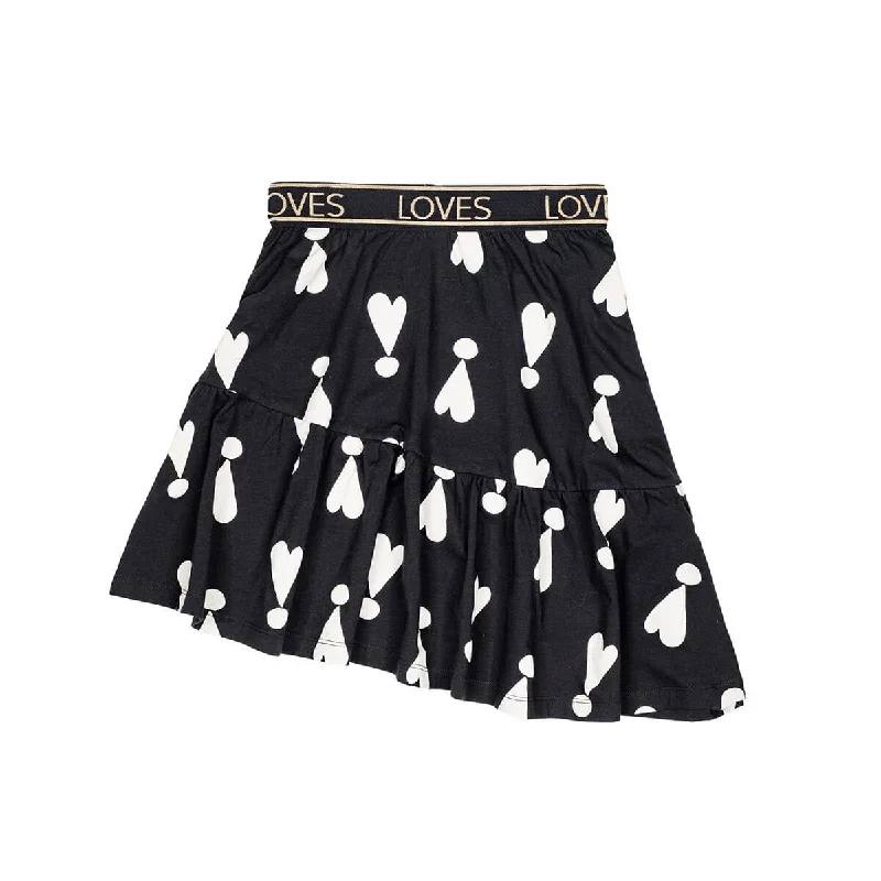 Exclamation Hearts Asymmetric Skirt in Black by Beau Loves