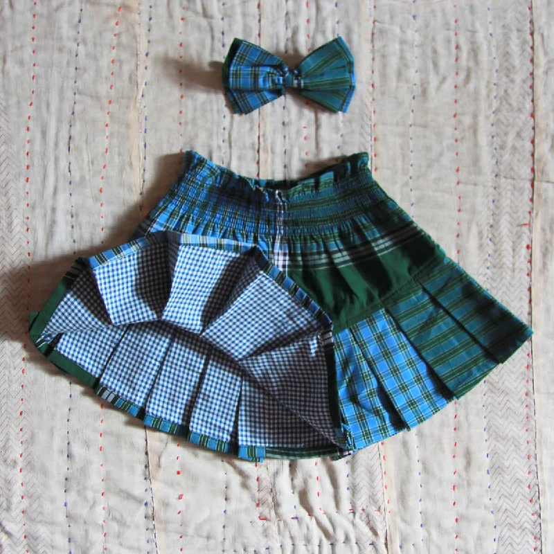 Pleated Skirt With Hair Clip in Green Lungi Check by Bonjour