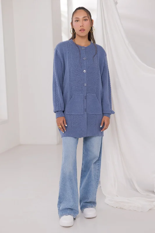 BLUE-ROUND NECK FULL SLEEVES CARDIGAN W-POCKET SWEATER (24X-066-66)