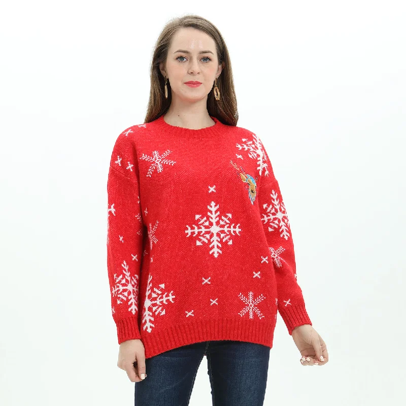 Custom Ladies Christmas knitwear Supply Red sweater jacquard pattern Christmas wear