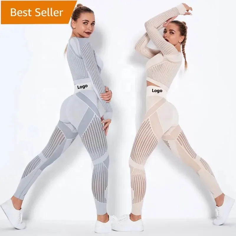 High Waist Leggings Set for Women, Seamless Long Sleeve Yoga Tracksuit for Fitness and Workout