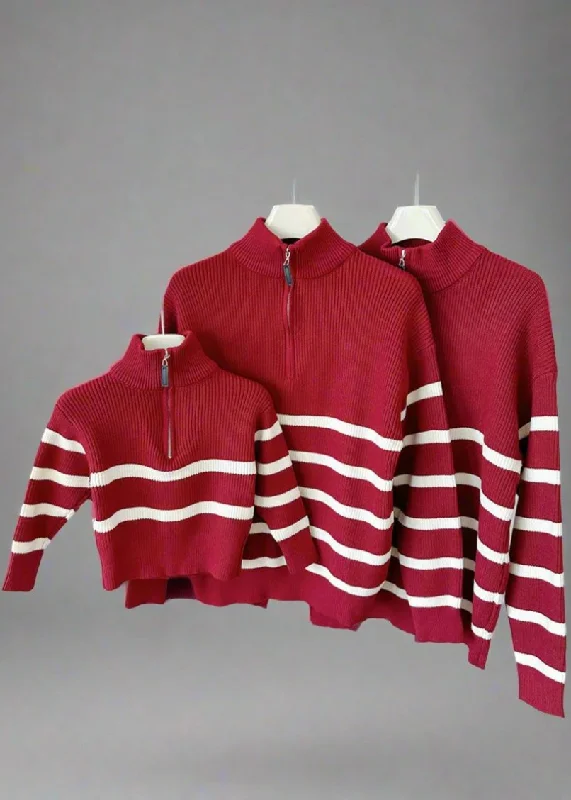 Matching Family Red Stripe Knit Sweaters  Half-Zip Pullover for Mom, Dad, and Kids