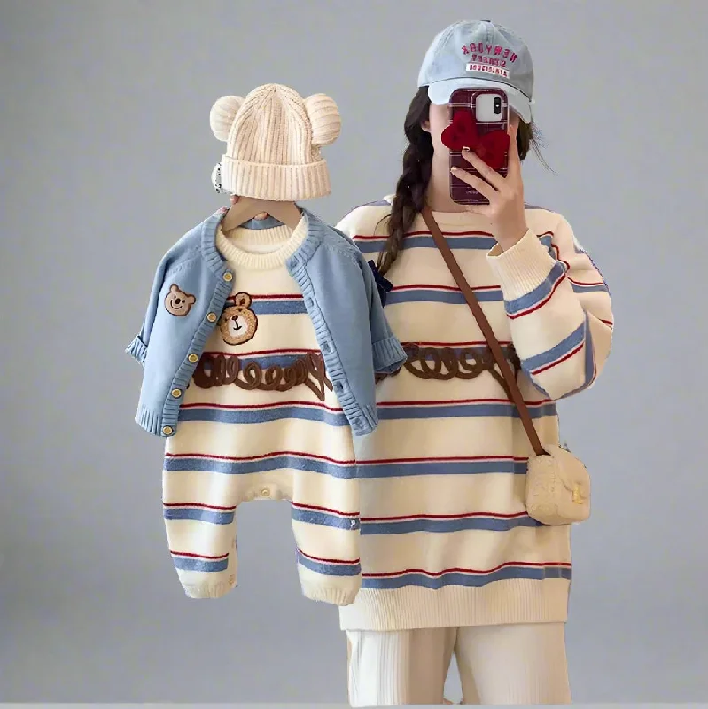 Matching Mommy and Me Bear Striped Knit Sweaters  Cozy Family Outfit with Embroidered Bear Design