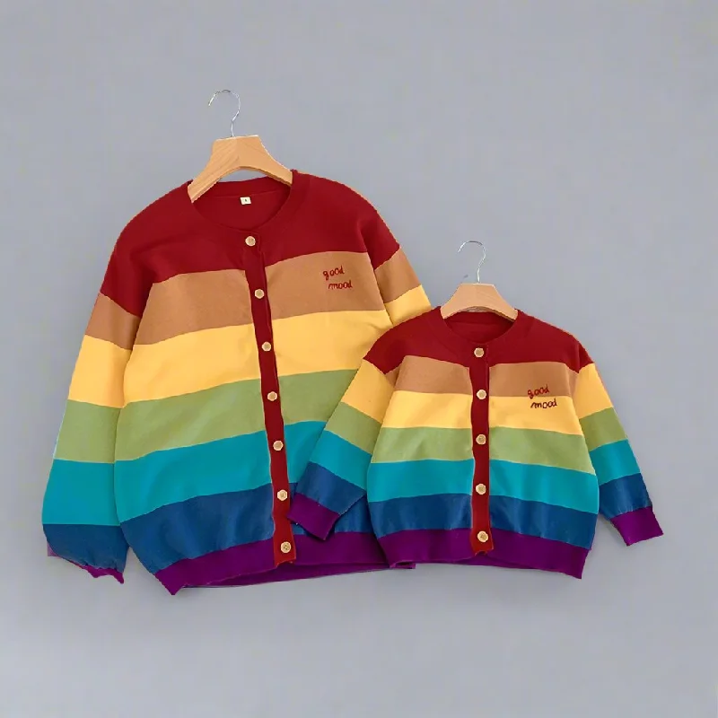 Matching Rainbow Striped Family Cardigans  Cozy "Good Mood" Knit Sweaters for Mom and Kids